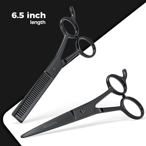 Suvorna 6.5" Professional Hair Scissors Set with Thinning Shears for Hair Dressers, Barbers and Professionals - Extremely Sharp Hair Cutting Scissors Set for Thinning, Layering and Cutting (Black)