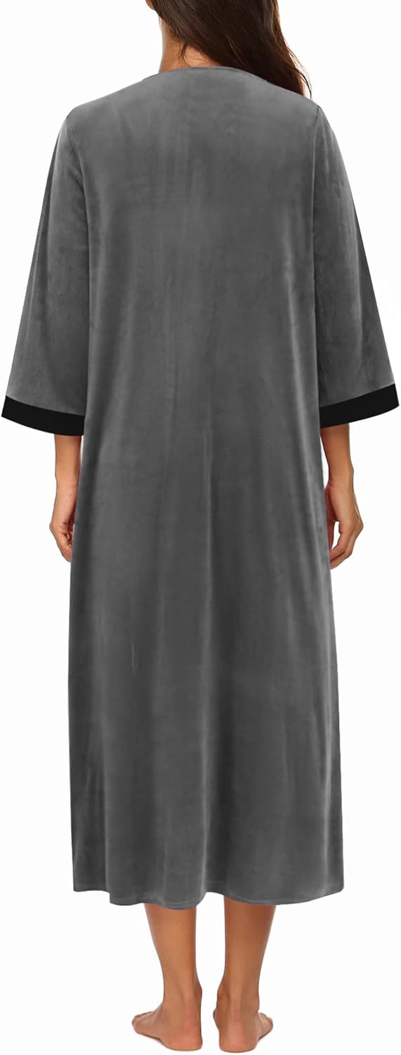 Ekouaer Women Zipper Robe 3/4 Sleeves Loungewear Dress Full Length Sleepwear Pockets Housecoat Nightgown Long Bathrobe