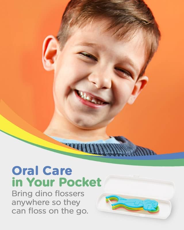 Piico Unflavored Kids Floss - No Fluoride Dual Line Dental Floss Picks - Fun Oral Care in Colorful Floss Sticks Design - Flossers Prevent Tooth Decay & Gum Disease - 300 Playground Dino & Travel Case