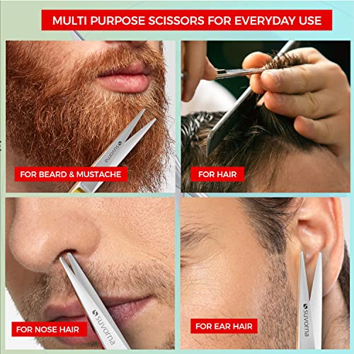 Suvorna Small Scissors for Beard, Mustache, Facial, Nose, Eyebrow & Ear Hair β Tiny Scissors for Cutting, Trimming & Grooming β 5" Stainless Steel Mustache Scissors for Men, Barbers, & Home Use