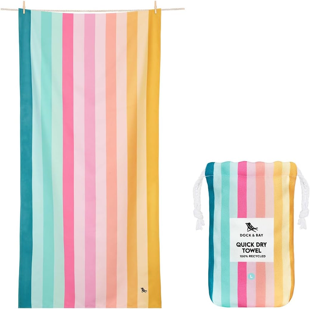 Dock & Bay Beach Towel - Quick Dry, Sand Free - Compact, Lightweight - 100% Recycled - Includes Bag - Rainbow Shores - Set of 6 - Large (160x90cm, 63x35)