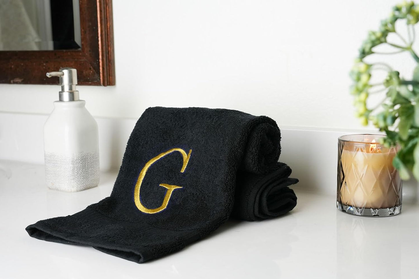Black Powder Room Hand Towel - Monogram Initial Hotel Quality Decorative Embroidered Luxury Towel for Spa - GOTS Organic Certified - Pack of 2 - Letter G