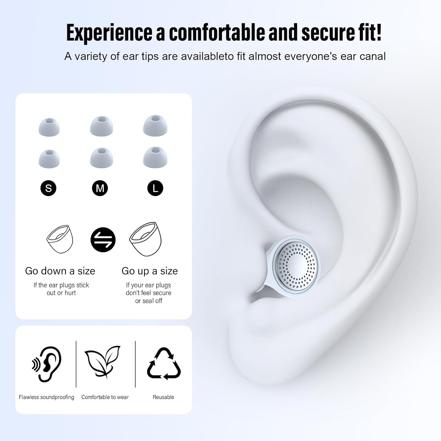 Ear Plugs, Sleep Earplugs with Cleaning, Memory Foam & Silicone Tips, Noise Reduction up to 35 dB, with 3 Sizes & Case, Reusable, Noise Protection Earplug for Side Sleepers, Travel, Work Blue