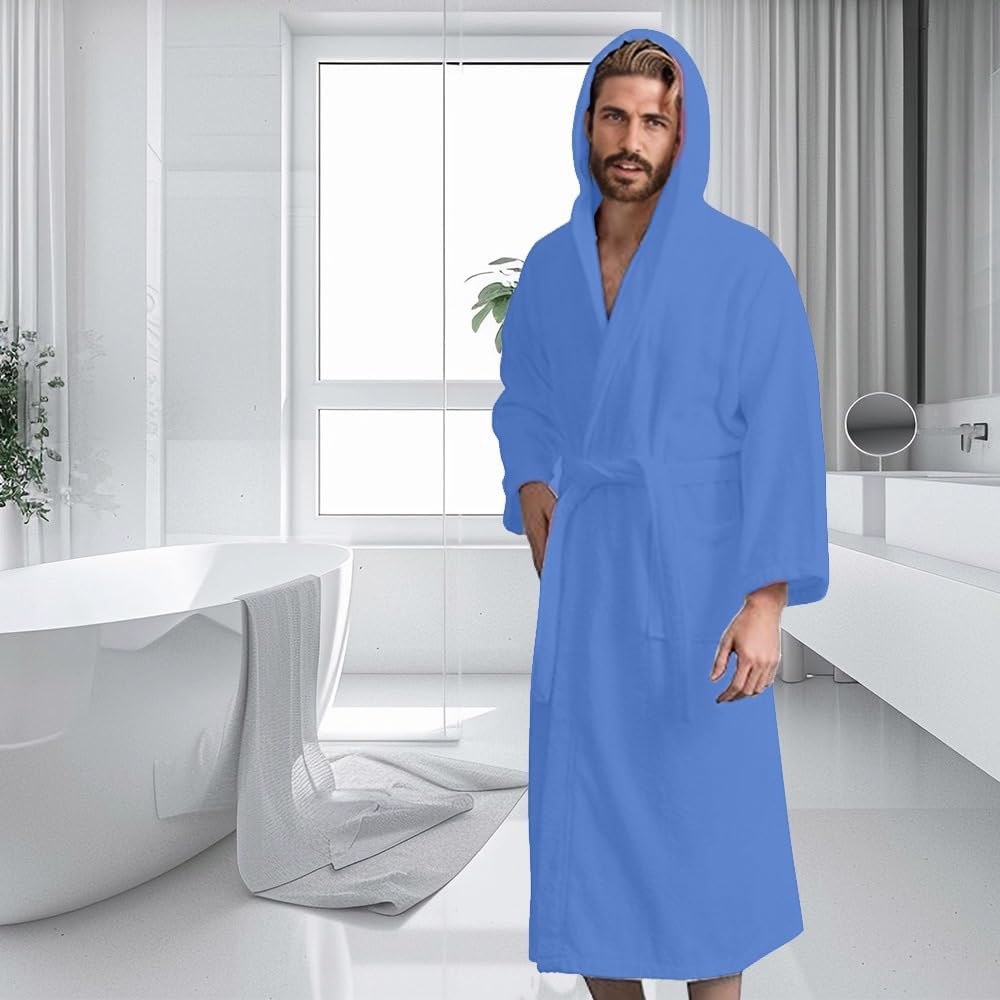 Men’s Hooded Bathrobe, 100% Cotton Terry Bathrobe, Spa Style Bath Robe, Absorbent Shower Robe, Lightweight Towel Bathrobes