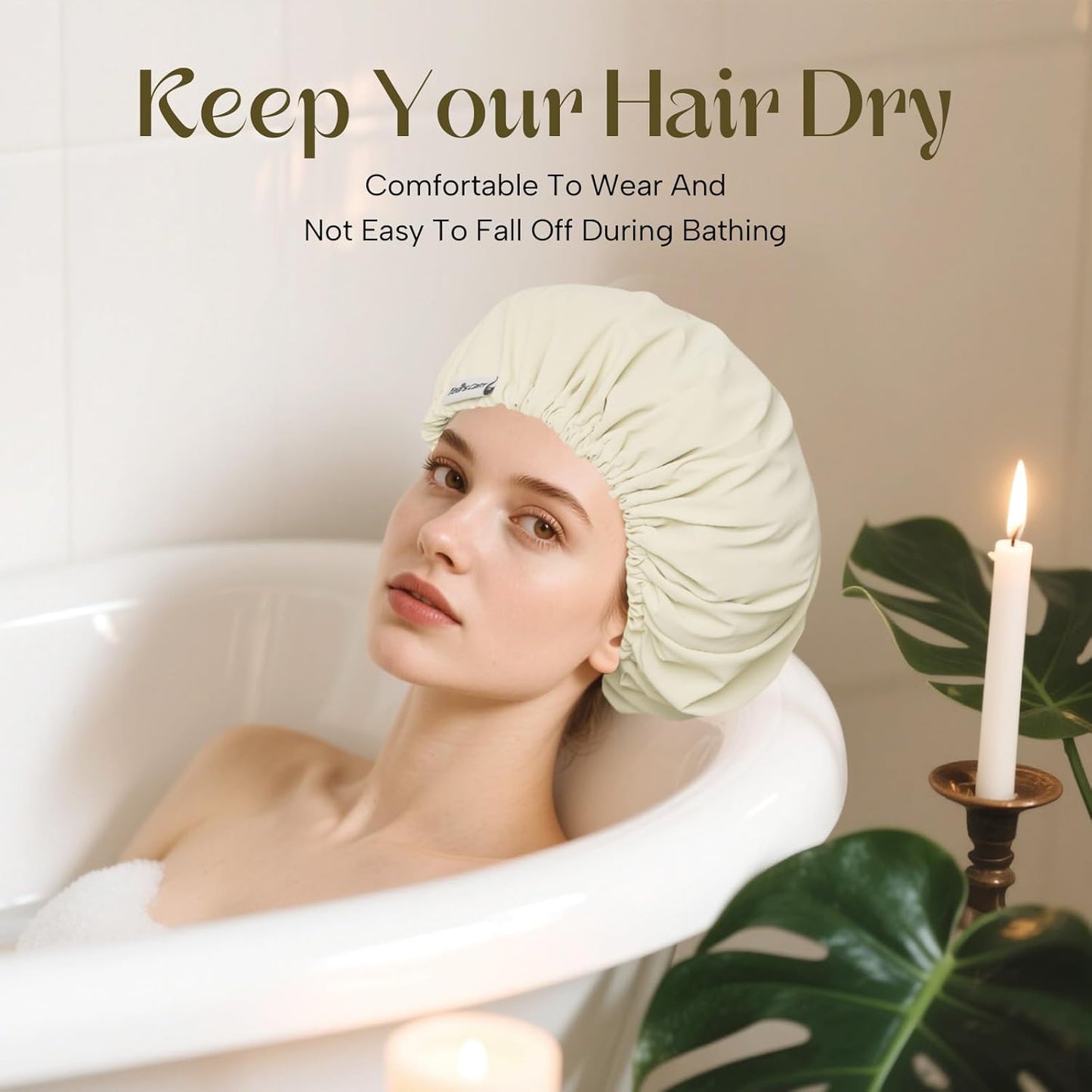 Years calm Shower Cap Reusable Waterproof, Double-Layer Hair Cap, with Elastic Band, Ideal for Shower, Spa, Travel & Cleaning (Light yellow, One Size)