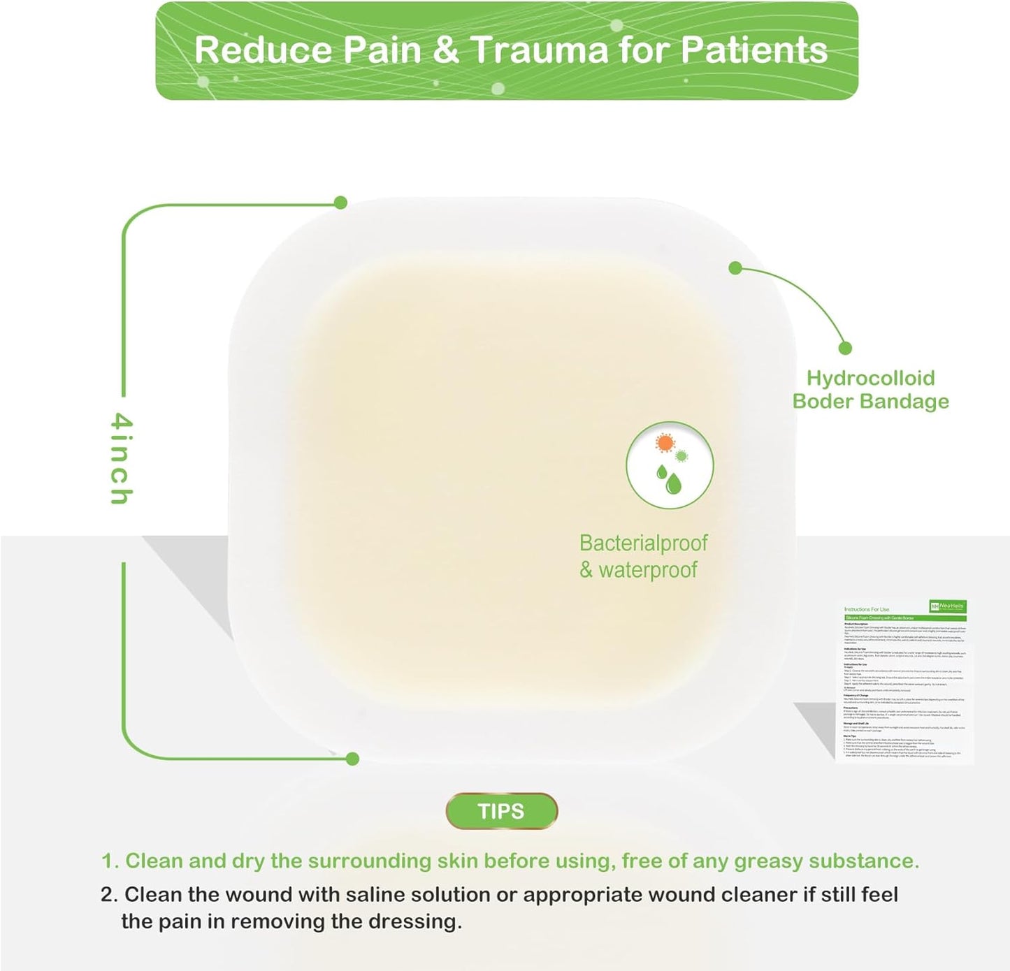 NeuHeils Hydrocolloid Adhesive Bandages, Hydrocolloid Wound Dressing with Border 4''x4'' for Light to Medium Exudate Wounds, Bed Sore, Minor Burns, Abrasions, Cuts, Superficial Wound 10 Packs