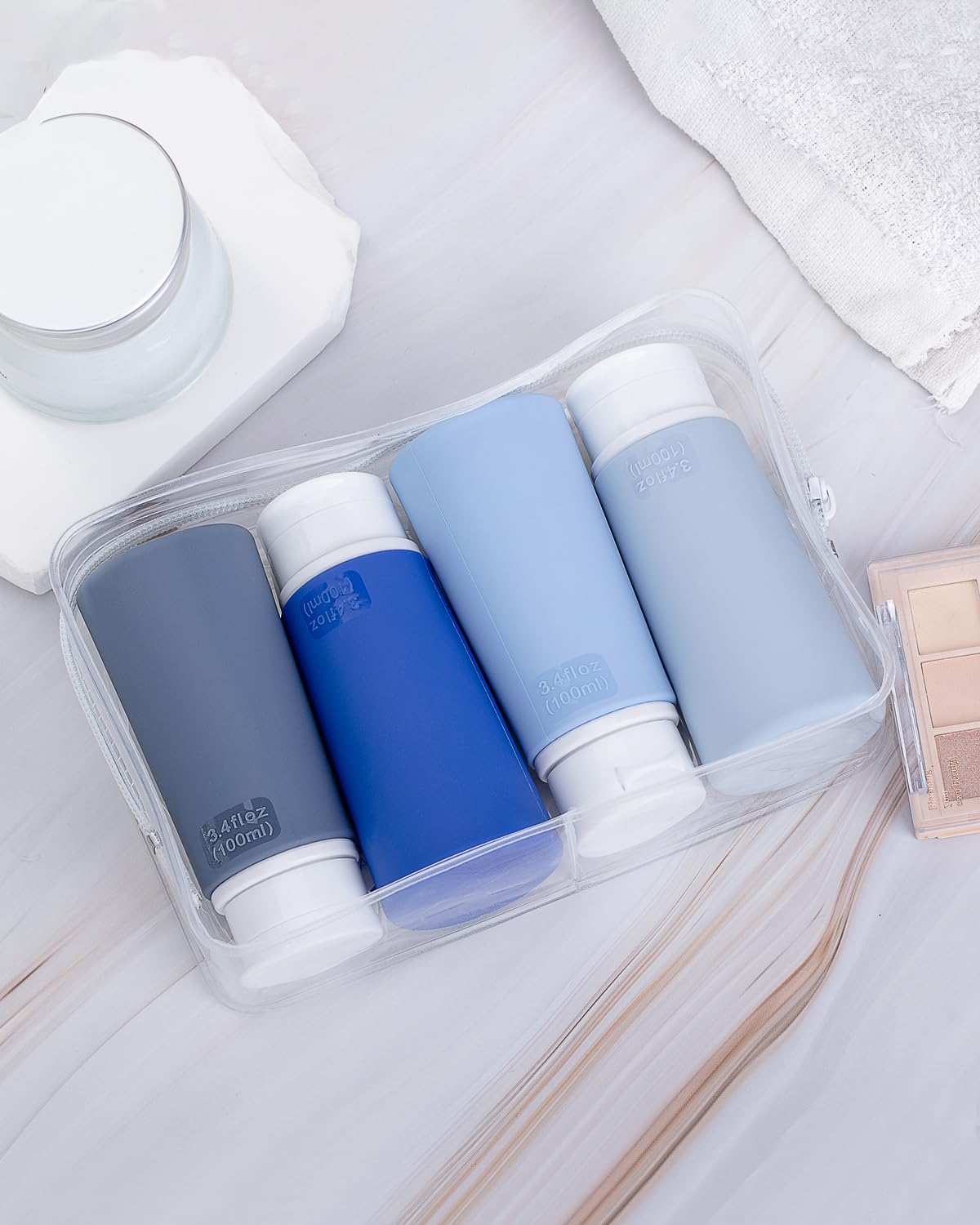 Valourgo Travel Bottles for Toiletries, Tsa Approved 3.4oz Portable Travel Bottles, BPA Free Leak Proof Travel Tubes Refillable Travel Accessories, Travel Accessories with Clear Toiletry Bag, Blue