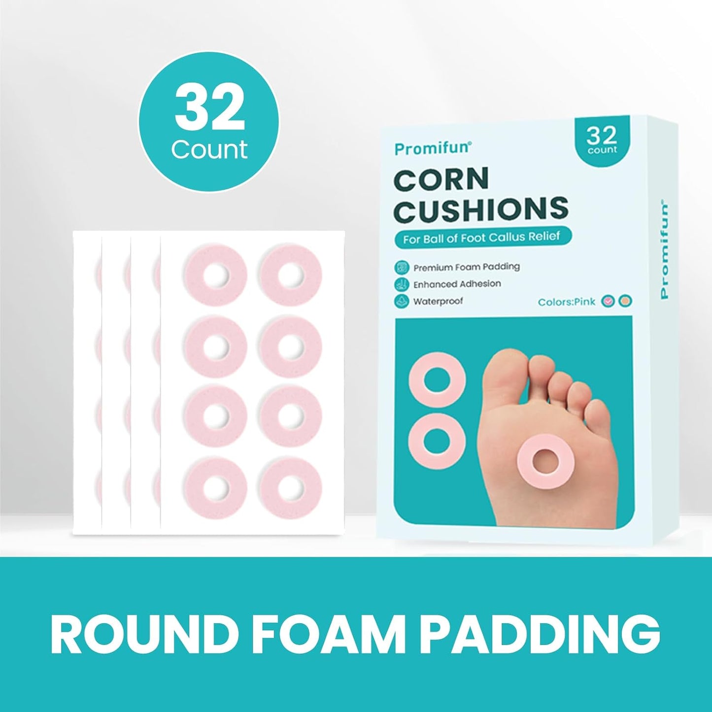 Callus Cushions for Bottom of Foot - Round Foam Padding with Water-Resistant Self-Stick Adhesive - Corn Cushions for Toes and Feet, Reduce Pain, Pressure and Friction from Shoes (Pink, 32 Count)