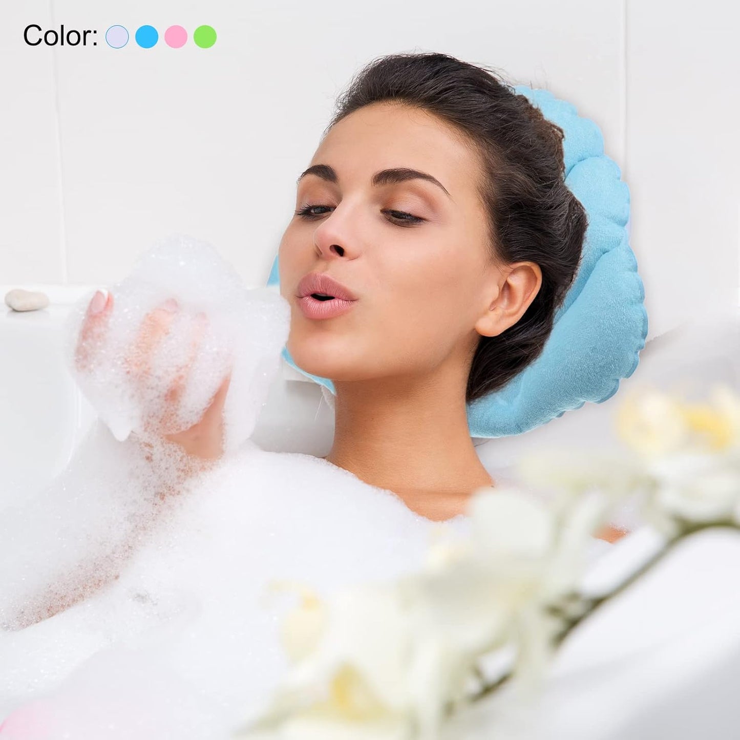 PATIKIL Inflatable Bath Pillow with Suction Cups, 2 Pack Terry Cloth Covered Shell Shape Bathtub Spa Pillow Neck Support for Bathtub Hot Tub, White