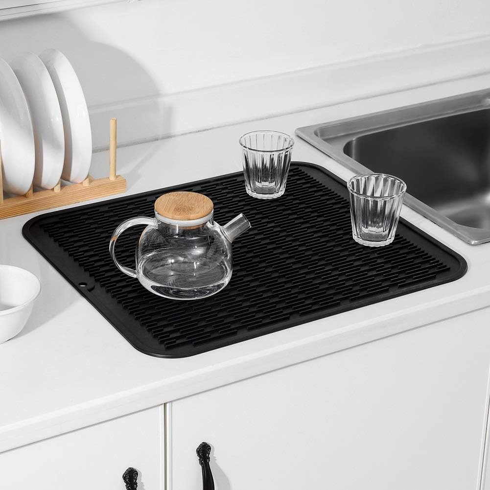 Silicone Dish Drying Mat for Multiple Usage,Easy clean,Eco-friendly,Heat-resistant Silicone Mat for Kitchen Counter or Sink,Refrigerator or Drawer Liner Black XL 18 inches x 16 inches