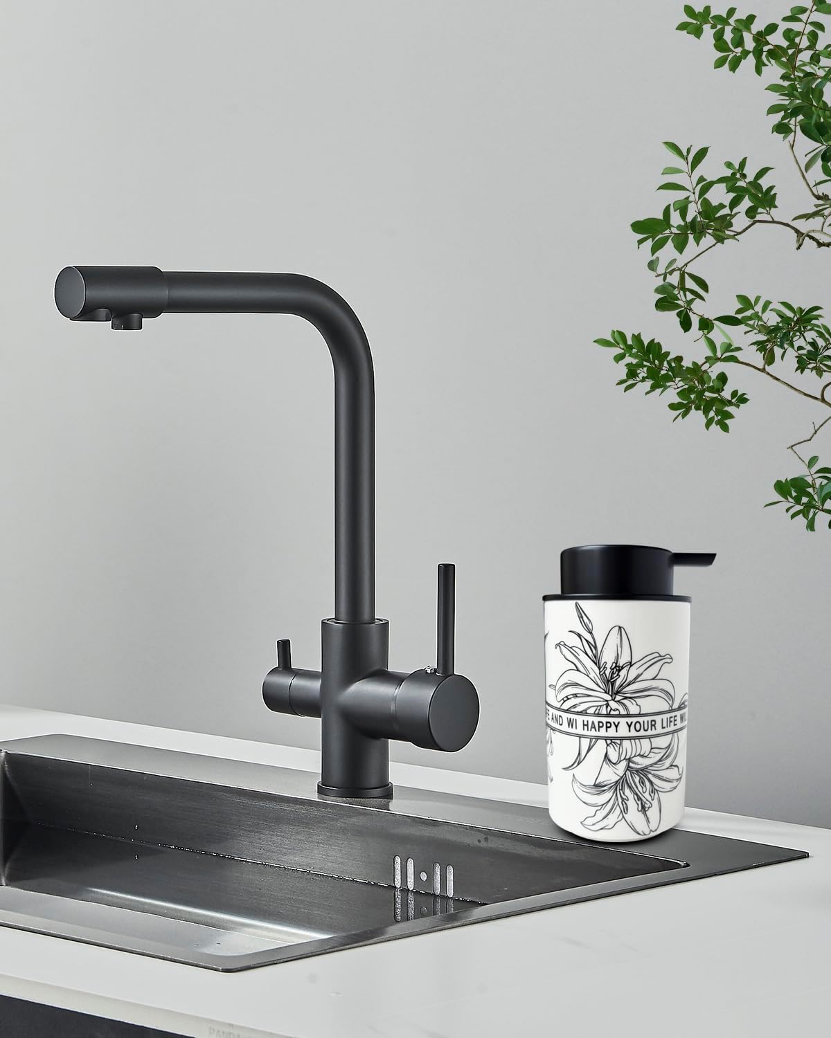 Ceramic White Liquid Soap Dispenser for Bathroom & Kitchen,Lily Pattern Hand Sanitizer Bottle,Chic Home Deco (Liquid)