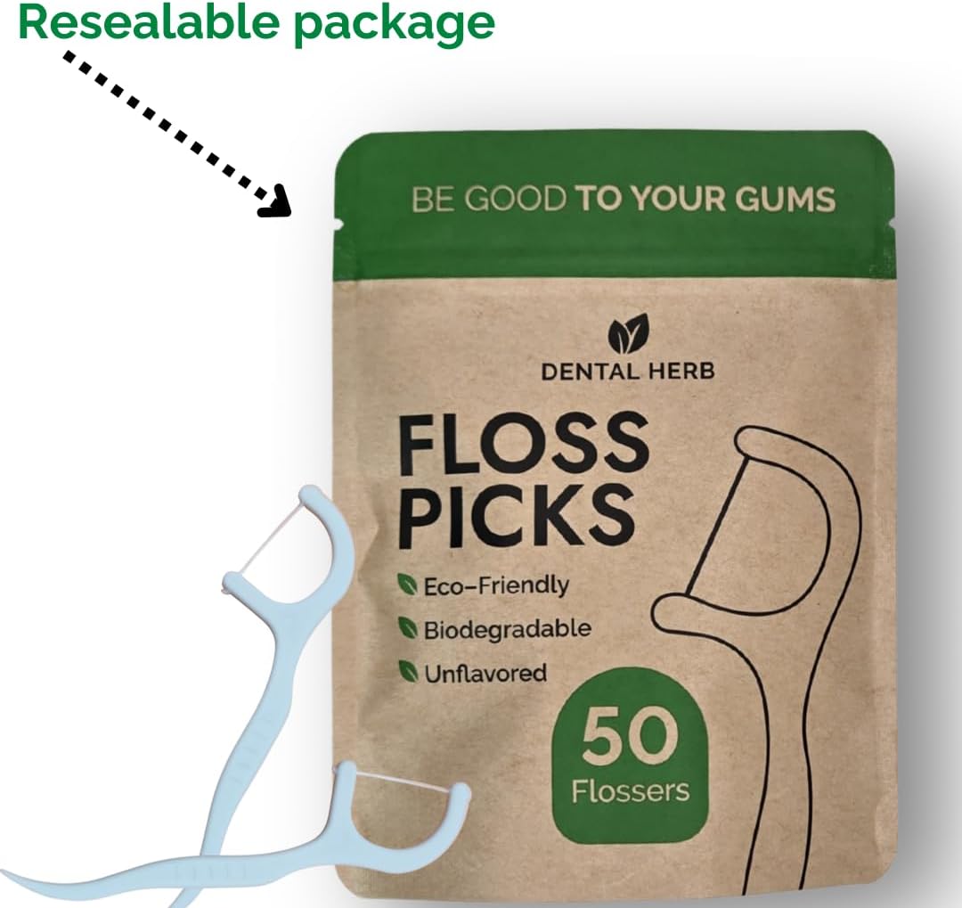 Dental Herb Company Biodegradable Dental Floss Picks, 200 Count (4×50) - Unflavoured, Plant-Based, Plastic-Free & BPA-Free Tooth Flossers, Vegan & Eco-Friendly Oral Care