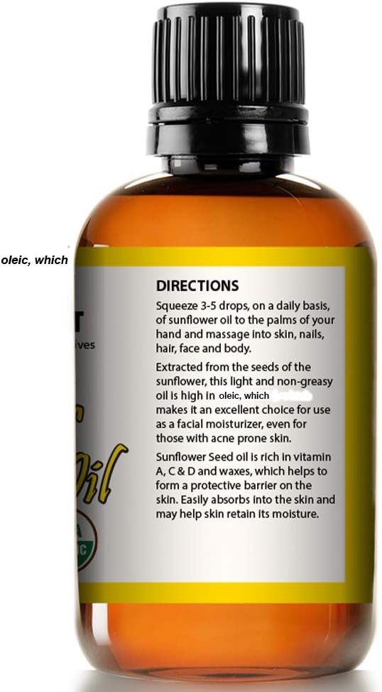 Mayan's Secret Sunflower Seed Oil - 4oz Size | All Natural Cold Pressed USDA Certified Organic - High Linoleic| Daily or Nighttime Regimen Large 4oz Amber Glass Bottle & Glass Dropper.