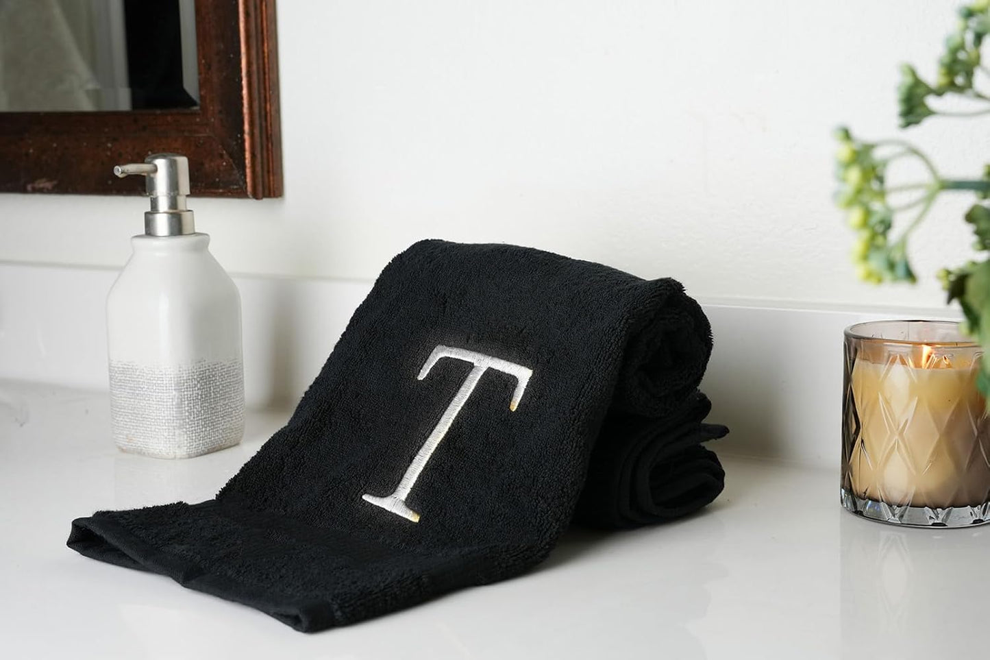 Black and White Bathroom Hand Towel - Monogrammed Luxury Hotel Quality Decorative Embroidered Towel for Powder Room, Spa - GOTS Organic Certified - Pack of 2, Letter T
