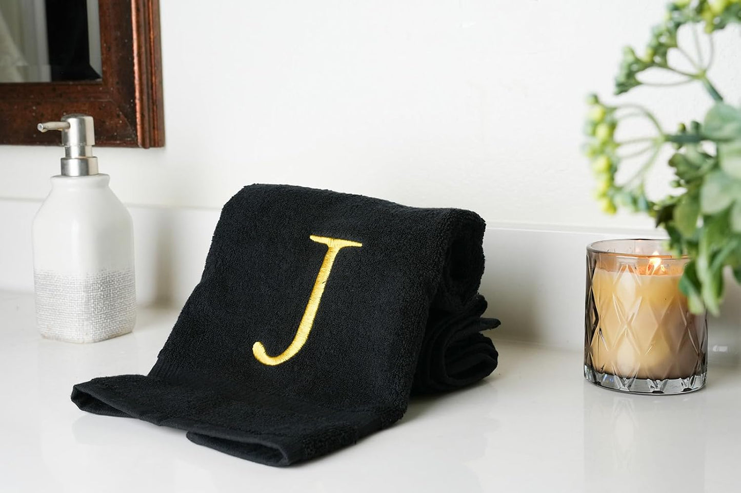 Black, Letter Hand Towel for Bathroom - Monogrammed Initial Hotel Quality Decorative Embroidered Towel for Powder Room, Spa - GOTS Organic Certified - Pack of 2, Letter J