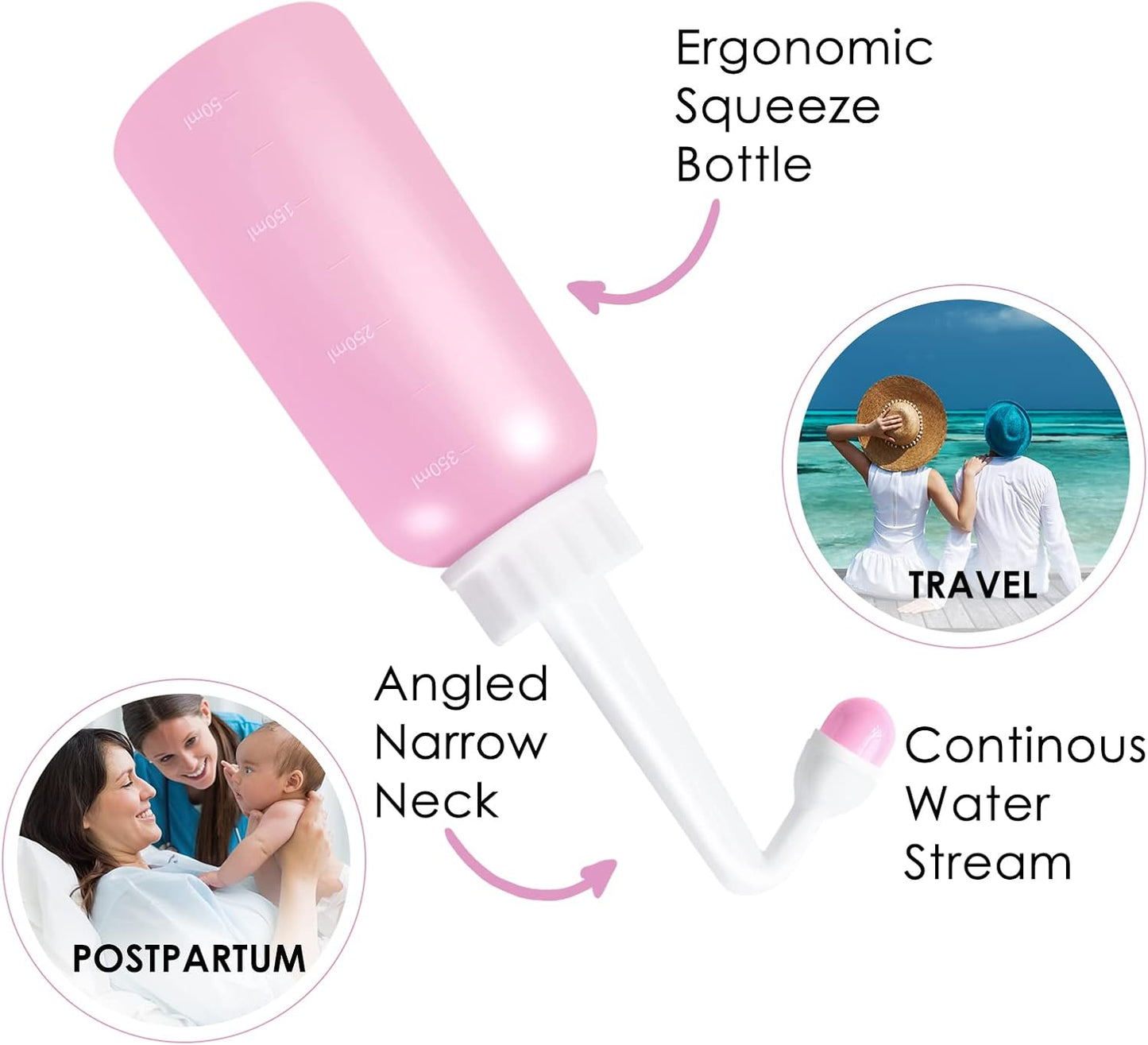 RUFCRIL Mini Peri Bottle, 350ml Portable Travel Bidet with Extra Ring and Carry Bag, TPE Material for High Temperature Resistance, Essentials for Postpartum Perineal Care,Hemorrhoid Treatment, Pink