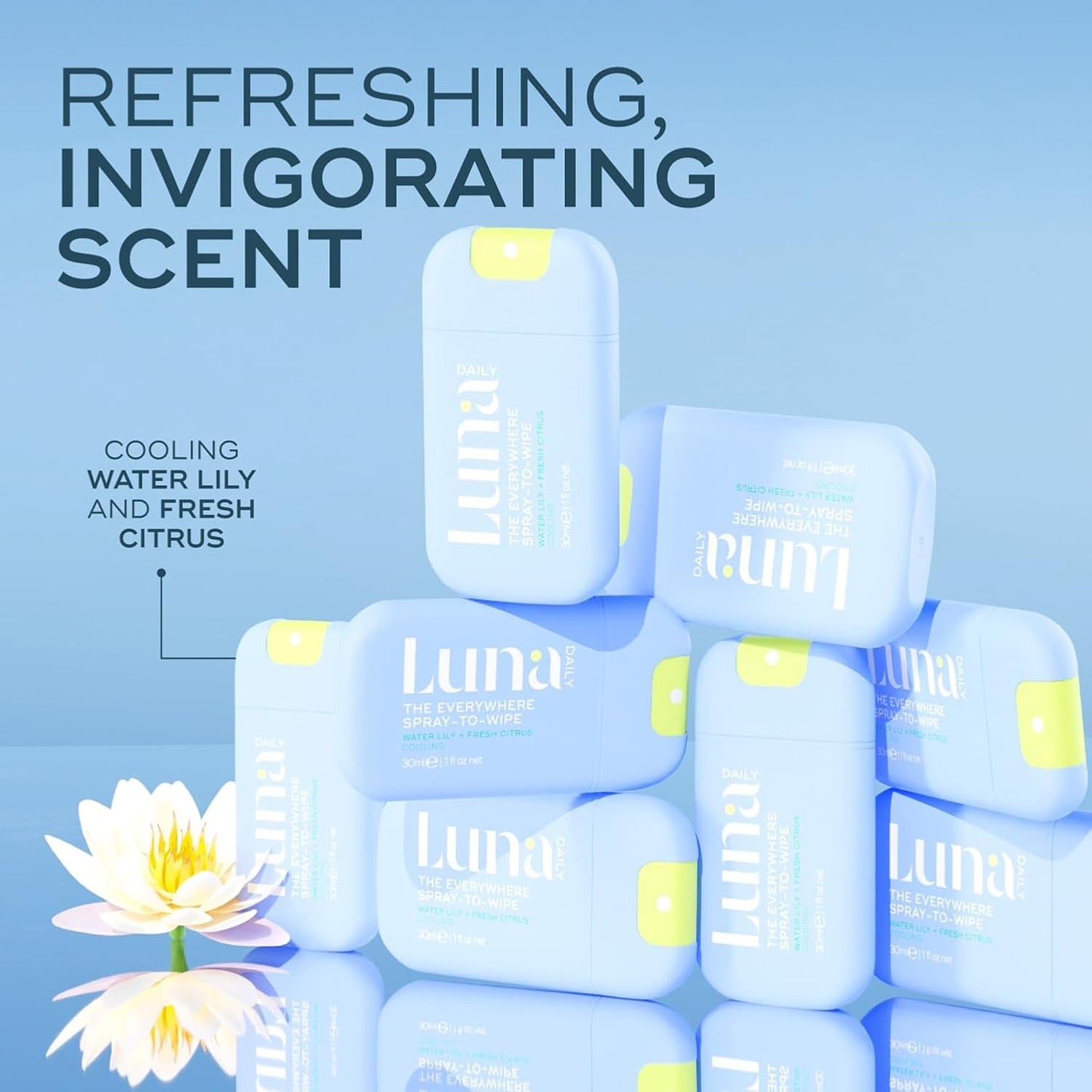Luna Daily The Everywhere Spray-To-Wipe | Cooling Body Mist & Hydrating pH-Balanced Feminine Care | Anti-Chafing & Odor Control | Travel Essential for Women, Gym & Daily Care, 30ml