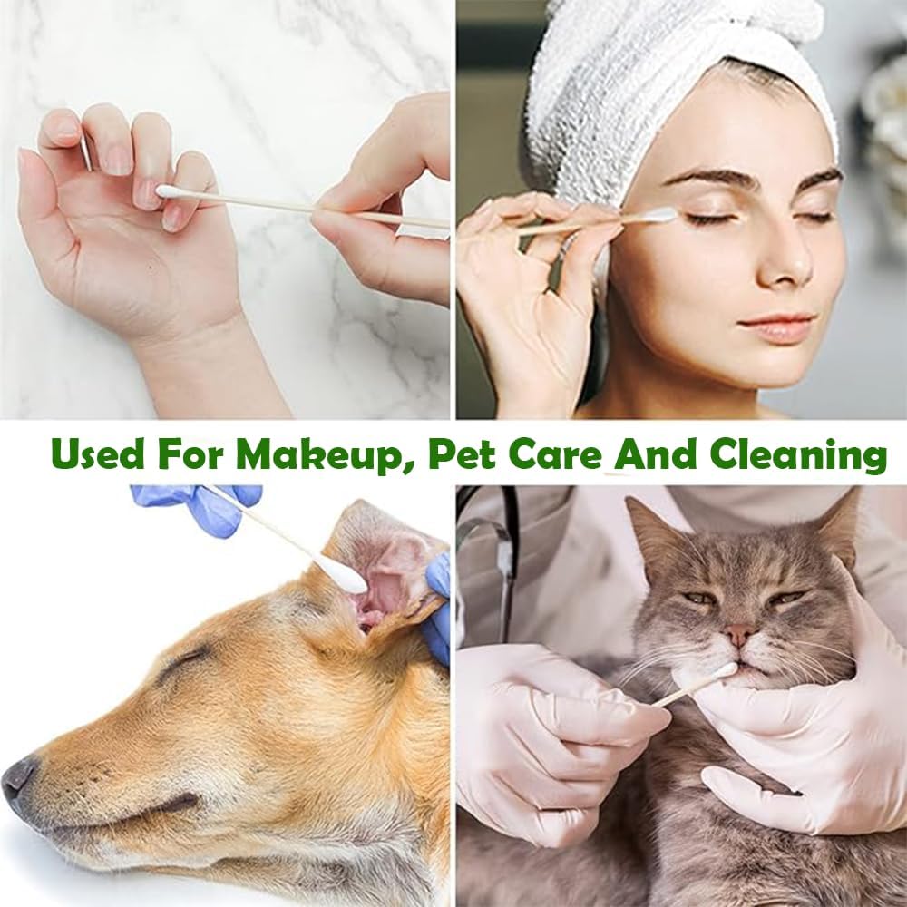 5.9inch Long Large Cotton Swab,Double-Sided Bamboo-Handled Dog-Eared Cotton Swabs,Designed Specifically for Dogs,Ear Cleaning for Medium and Large Dogs or Makeup Large(100PCS)