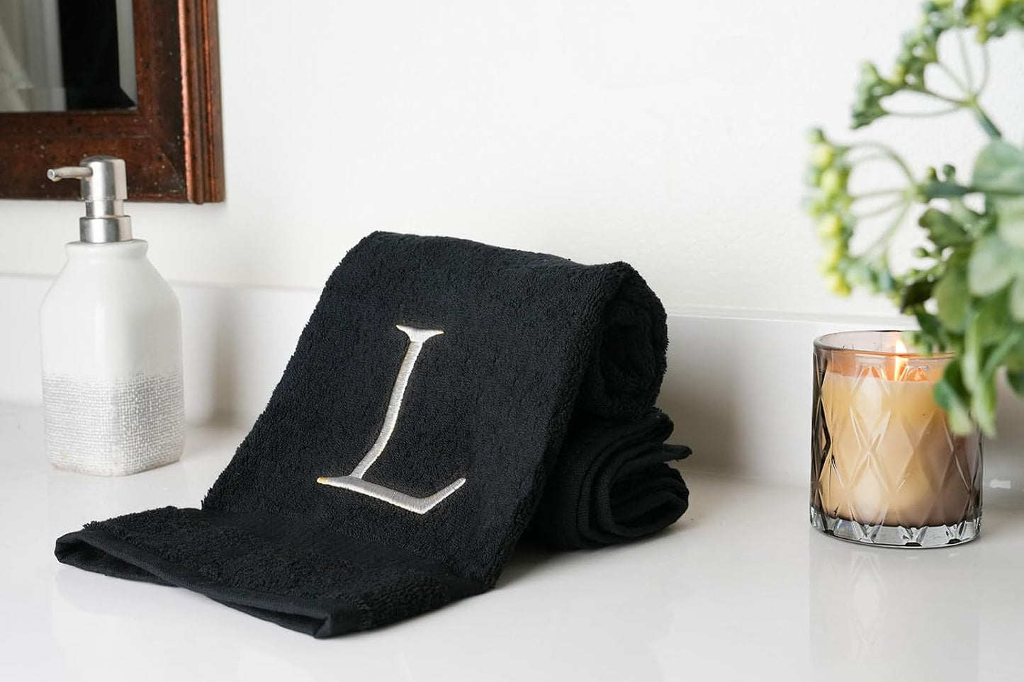 Black Bathroom Hand Towel - Monogrammed Luxury Hotel Quality Decorative Embroidered Towel for Powder Room, Spa - GOTS Organic Certified - Set of 2 White Letter L
