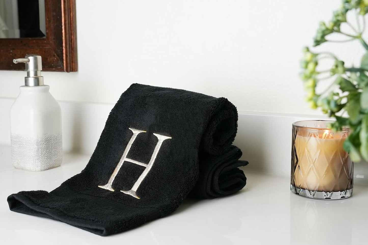 White and Black Monogrammed Hand Towel - Monogram Initial Hotel Quality Decorative Embroidered Luxury Towel for Powder Room, Spa - GOTS Organic Certified - Pack of 2, Letter H