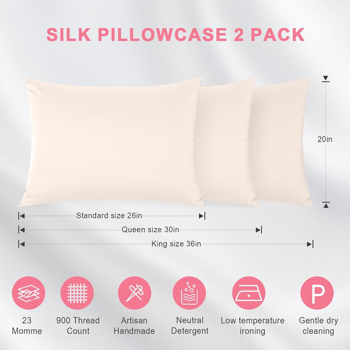 100% Silk Pillowcase 2 Pack for Hair and Skin, Both Sides 23 Momme Grade 6A+ Mulberry Silk Pillowcases with Hidden Zipper, Soft&Smooth Cooling Pillow Cases (Beige, King 20×36)
