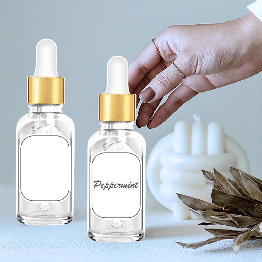 Bumobum 2 oz Dropper Bottle, 24 pack Clear Glass Eye Dropper Bottles with Golden Top Cap for Essential Oils, Tincture Bottle with Labels and Funnel