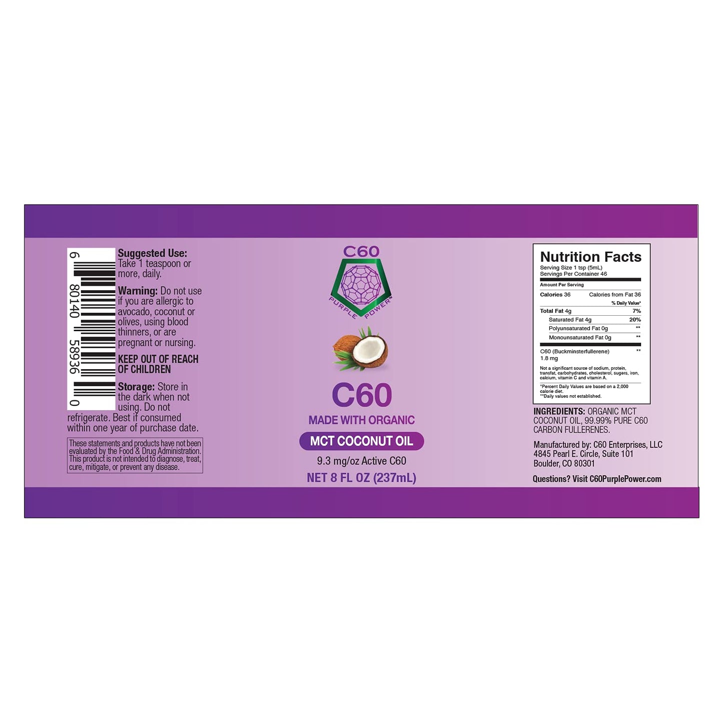 C60 Power - MCT 8-oz.- Organic MCT Coconut Oil, 8 Fl Oz, 99.99% Pure Carbon Fullerenes, Lift Oxidative Burden, Optimize Mitochondrial Function
