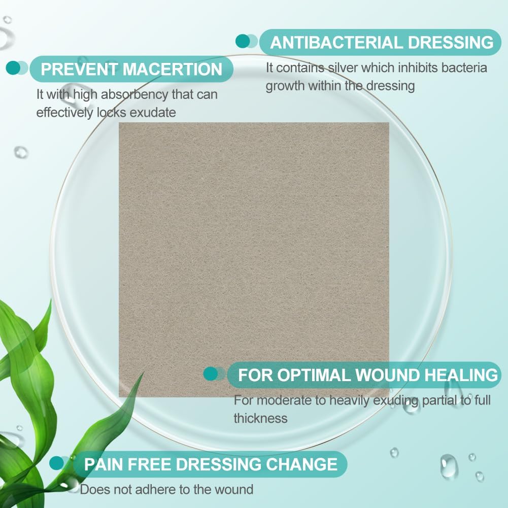 Dimora Upgrade Silver Calcium Alginate Wound Dressing -Antibacterial Non Stick Gauze, Highly Absorbent Sterile Bandage Pads,4'' x 4'' Patches 5 Packs