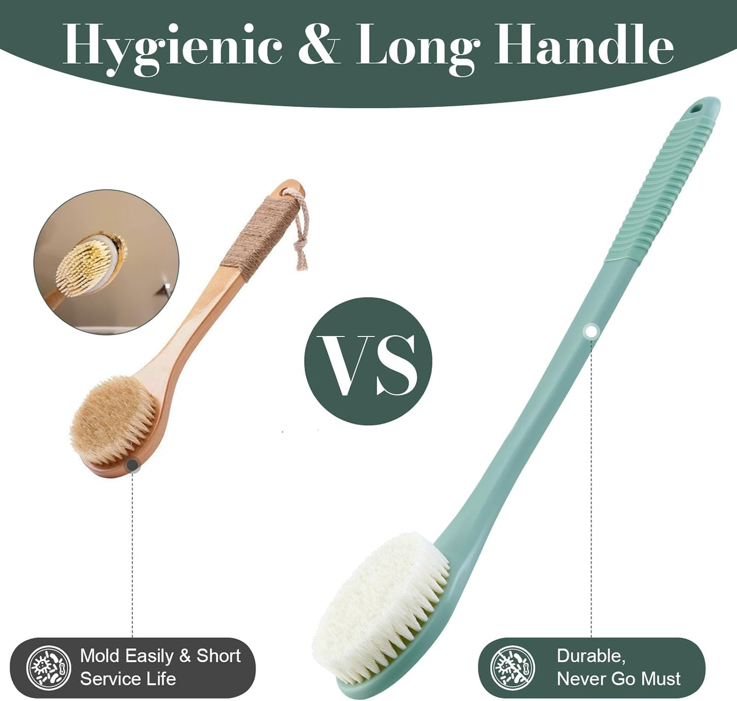 Back Scrubber for Shower, Shower Body Brush for Cleaning with Long Handle for Showering, 17 Inch Back Washer Exfoliator for Shower Men Women with Non-Slip Handle, Adhesive Hook (Pea Green)