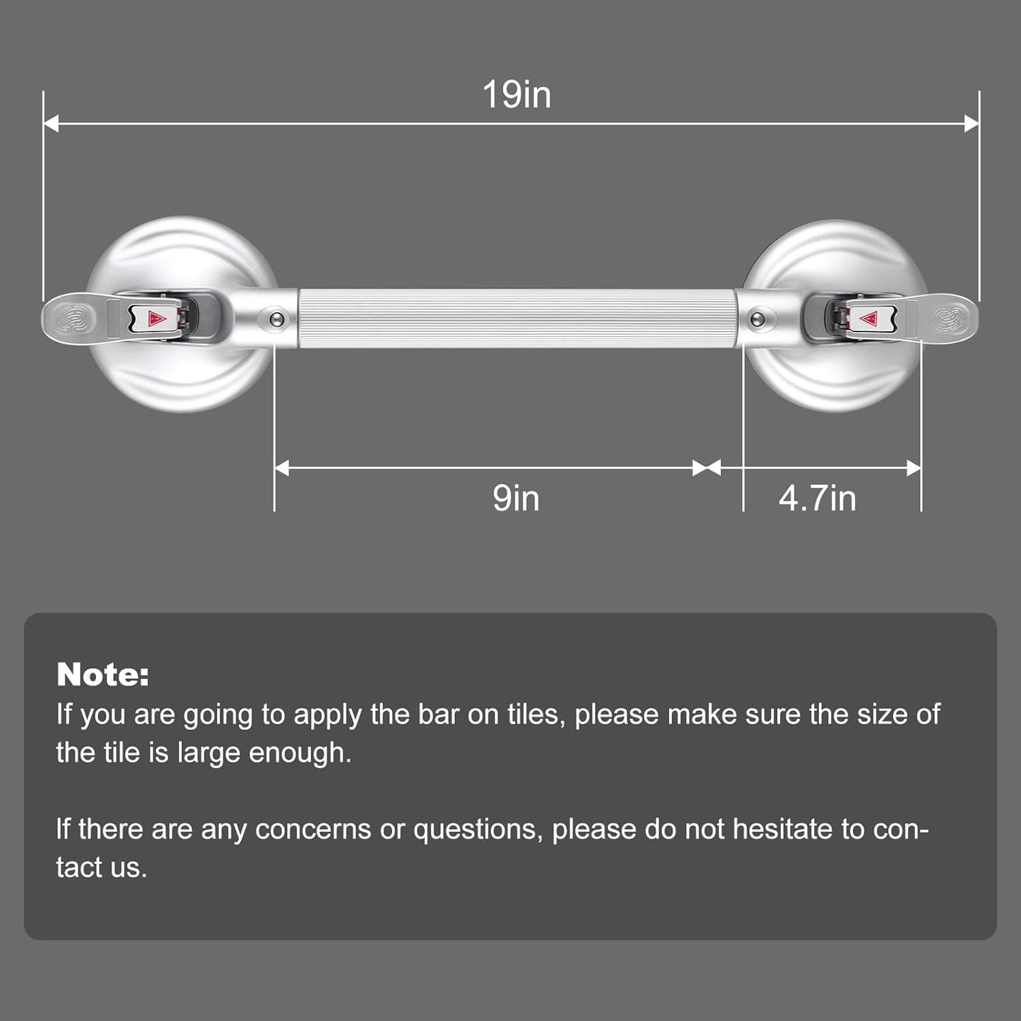 19-Inch Shower Handle - Upgraded Grab Bar with Strong Suction Cups for Bathtub & Shower Safety, Ideal for Seniors, Elderly, Disabled,Silver