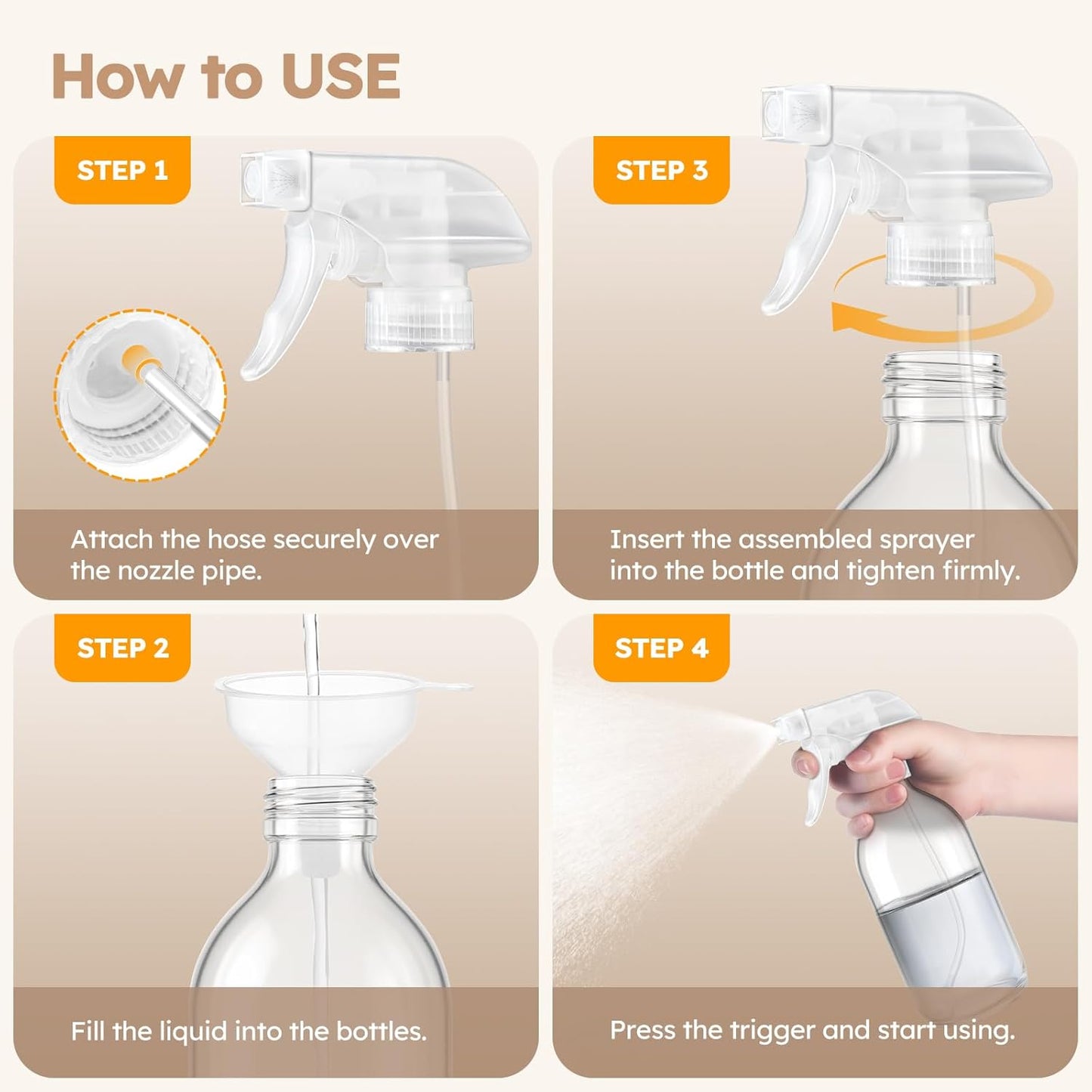 Tecohouse 2 Pack 360° Glass Spray Bottles Clear, 16 oz Empty Refillable Containers with Adjustable Spray Nozzles, Spray Bottles for Cleaning Solutions and Plants