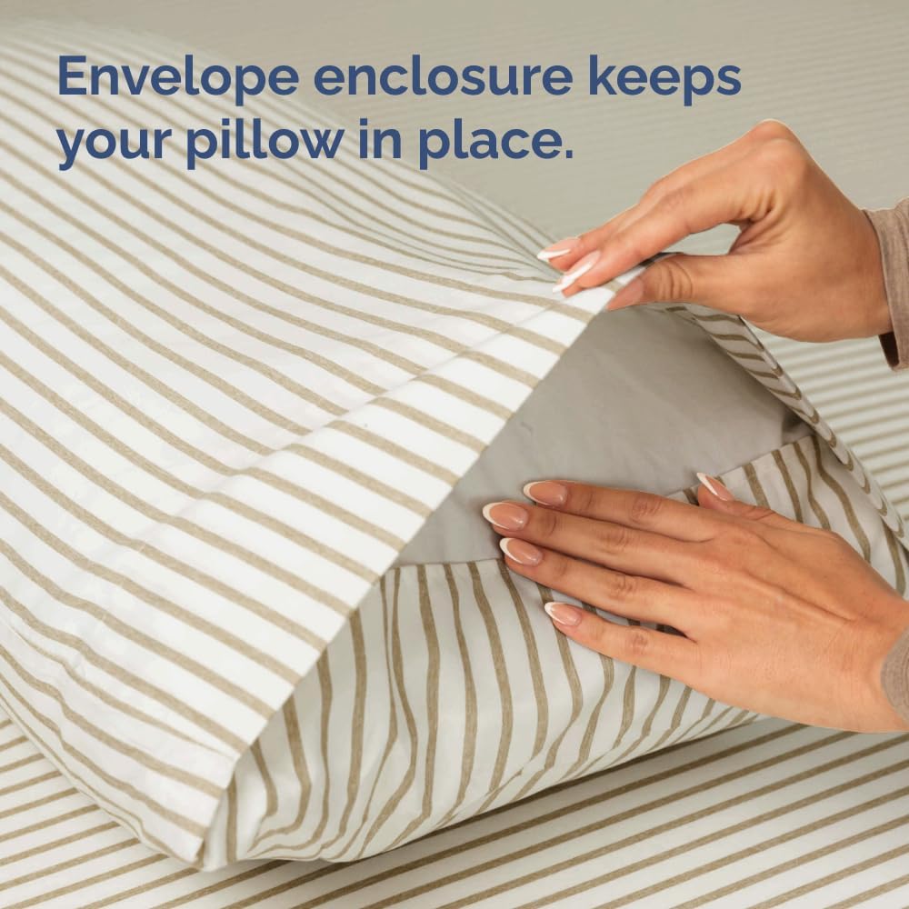 Queen Pillow Cases Set of 4 - Ultra Soft Hotel Quality Pillowcase Covers - Comfy, Cozy & Wrinkle Free - Shrinkage & Fade Resistant - Machine Washable Pillow Protectors - 4 Piece Set - Beige Stripes 2