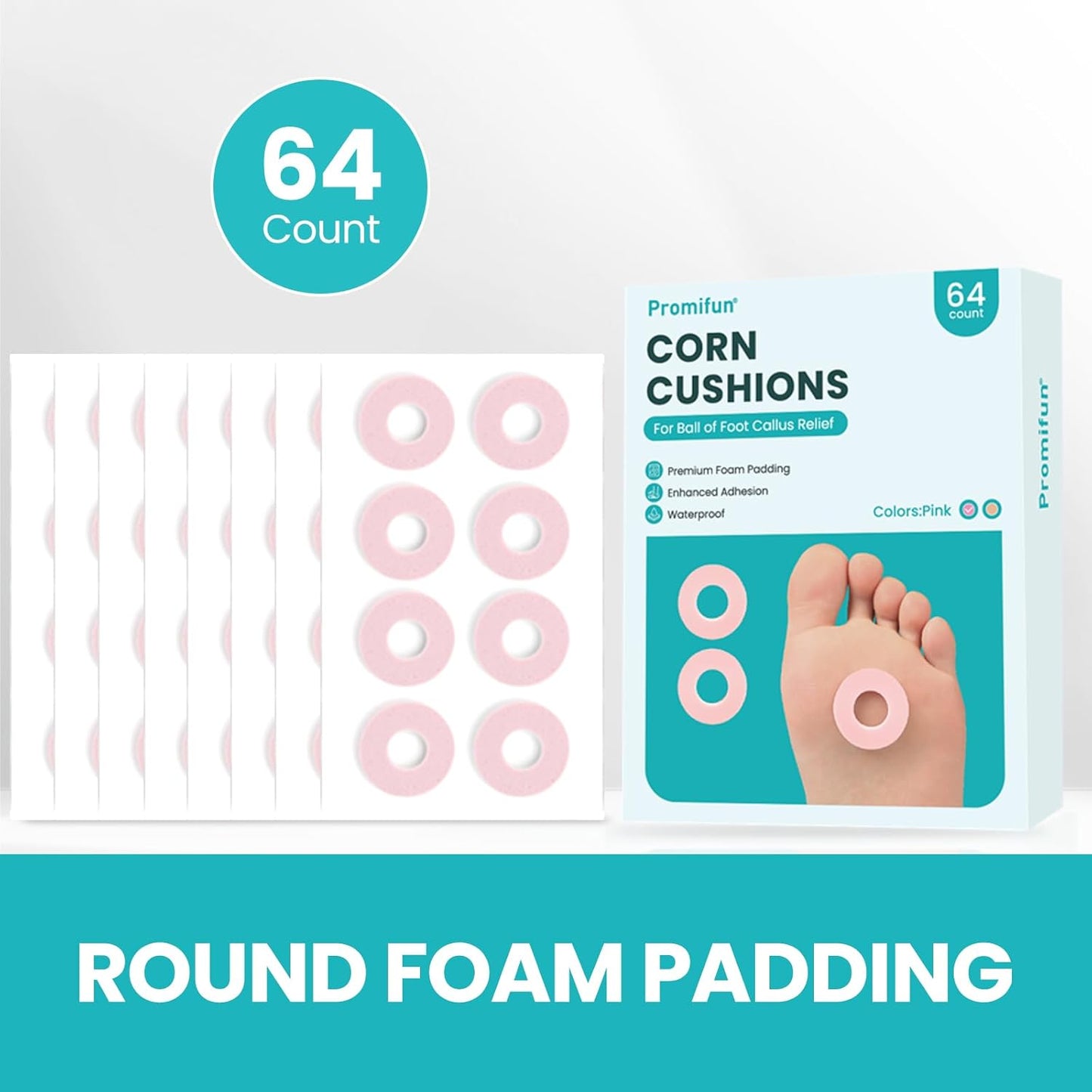 Callus Cushions for Bottom of Foot - Round Foam Padding with Water-Resistant Self-Stick Adhesive - Corn Cushions for Toes and Feet, Reduce Pain, Pressure and Friction from Shoes (Pink, 64 Count)