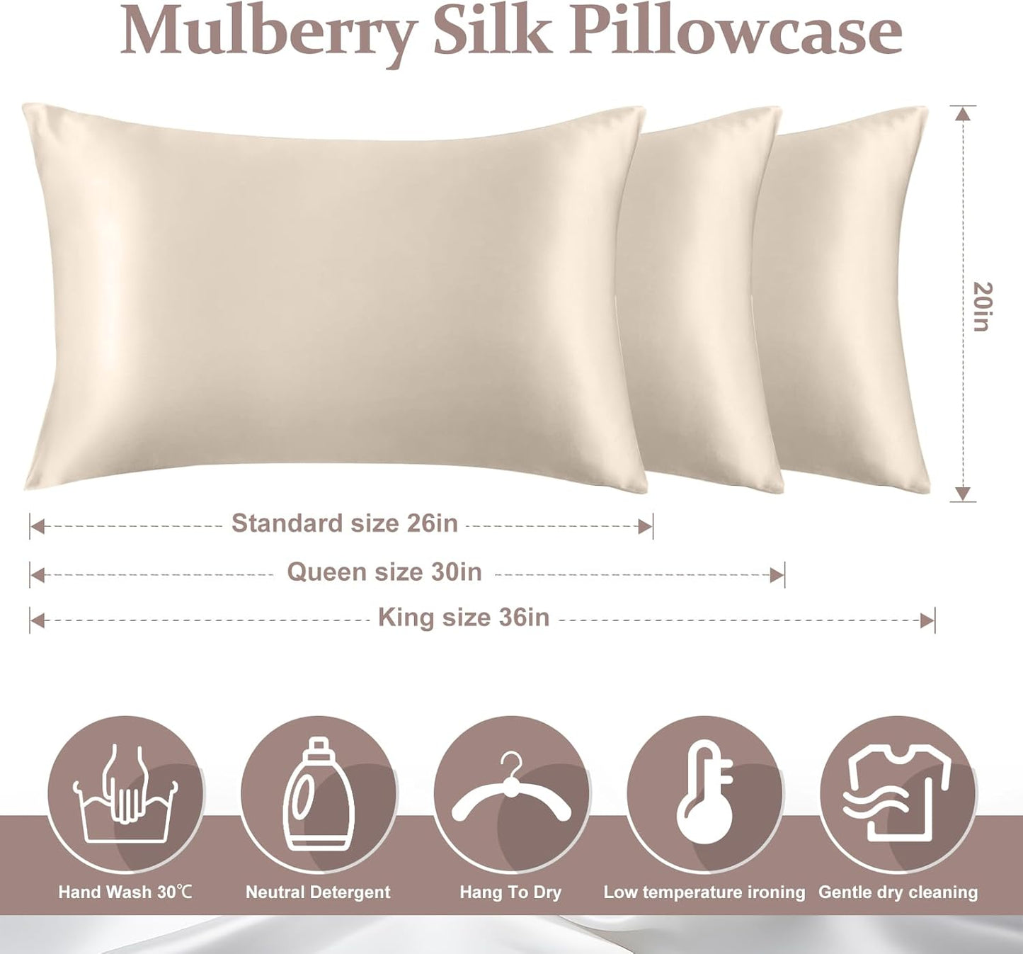 2 Pack 100% Pure Silk Pillowcase for Hair and Skin, Both Sides Mulberry Silk Pillowcases with Hidden Zipper, Cooling Pillowcase 19 Momme, 600 Thread Silk Pillow Cases King Size, Beige