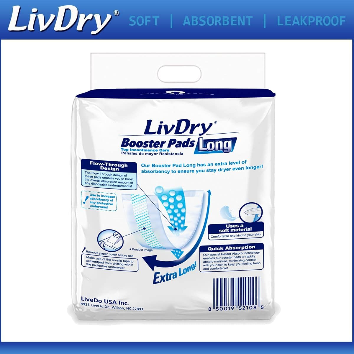LivDry Incontinence Booster Pads, Use with Adult Diapers for Women and Men, Extra Comfort Softness, Disposable Pad (128 Count, Long Length)