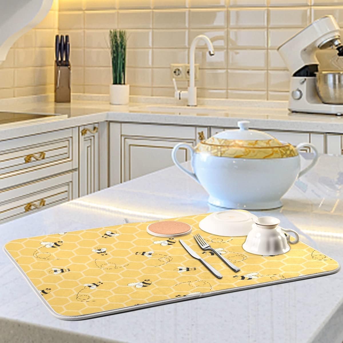 Funny Bees Honey Dish Drying Mat 16x18 for Kitchen Counter Yellow Bumblebee Beehive Dishes Pad Absorbent Fast Dry Dish Draining Mats Medium Kitchen Accessories