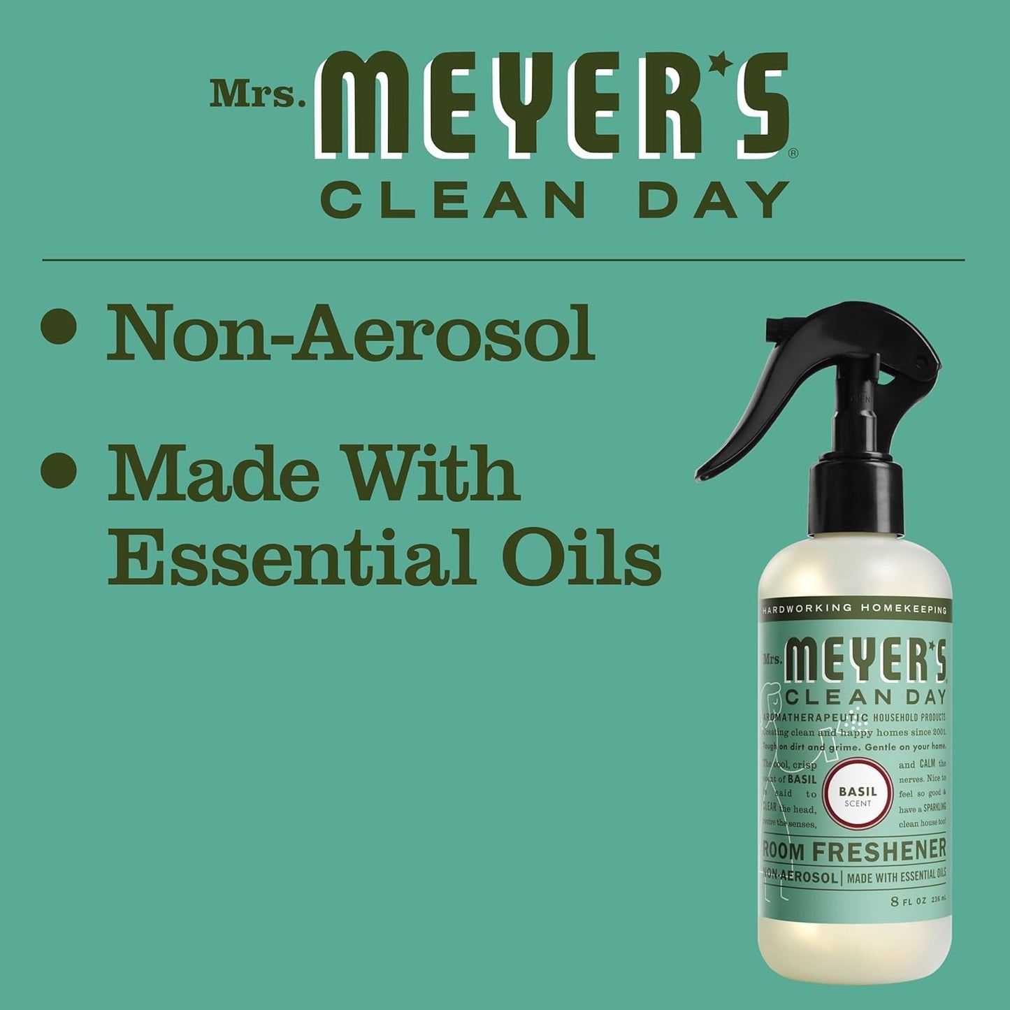 MRS. MEYER'S CLEAN DAY Room and Air Freshener Spray, Non-Aerosol Spray Bottle Infused with Essential Oils, Basil, 8 fl. oz - Pack of 3