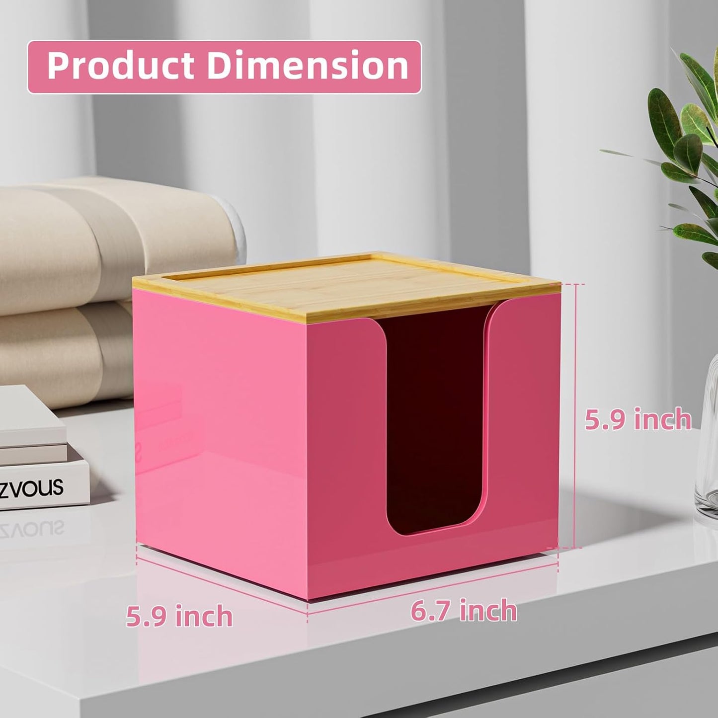 VITVITI Disposable Face Towel Holder Box, Acrylic Facial Towel Container for XL Clean Skin Club, Large Disposable Face Towels Storage with Bamboo Lid, for Bathroom, Vanity Makeup, Pink