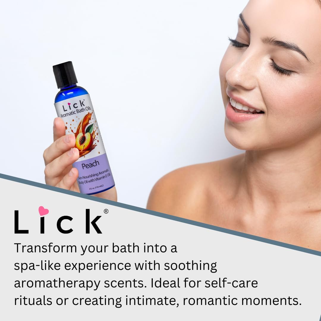 LICK Peach Aromatic Bath Oil; Natural Ingredients Blend of Sweet Almond Oil, Vitamin E, Jojoba Oil for Skin; Relaxing Aromatherapy Gifts for Women; Paraben Free, Made in USA
