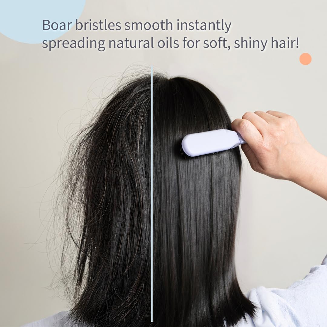 Uffy MiniPop Travel Hair Brush – Mini Folding Boar Bristles for Women, Men & Kids | Kid-Friendly Compact Comb for Wet & Dry Hair, Curly or Straight | Pocket-Size Detangler - Coral Pink on Soft Grey