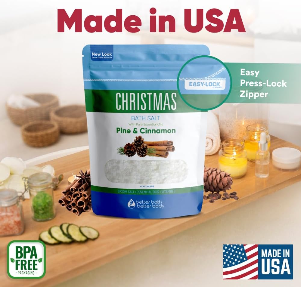 Christmas Bath Salt 32 Ounces Epsom Salt with Natural Pine, Cinnamon, Peppermint, Clove and Orange Essential Oils Plus Vitamin C in BPA Free Pouch with Easy Press-Lock Seal