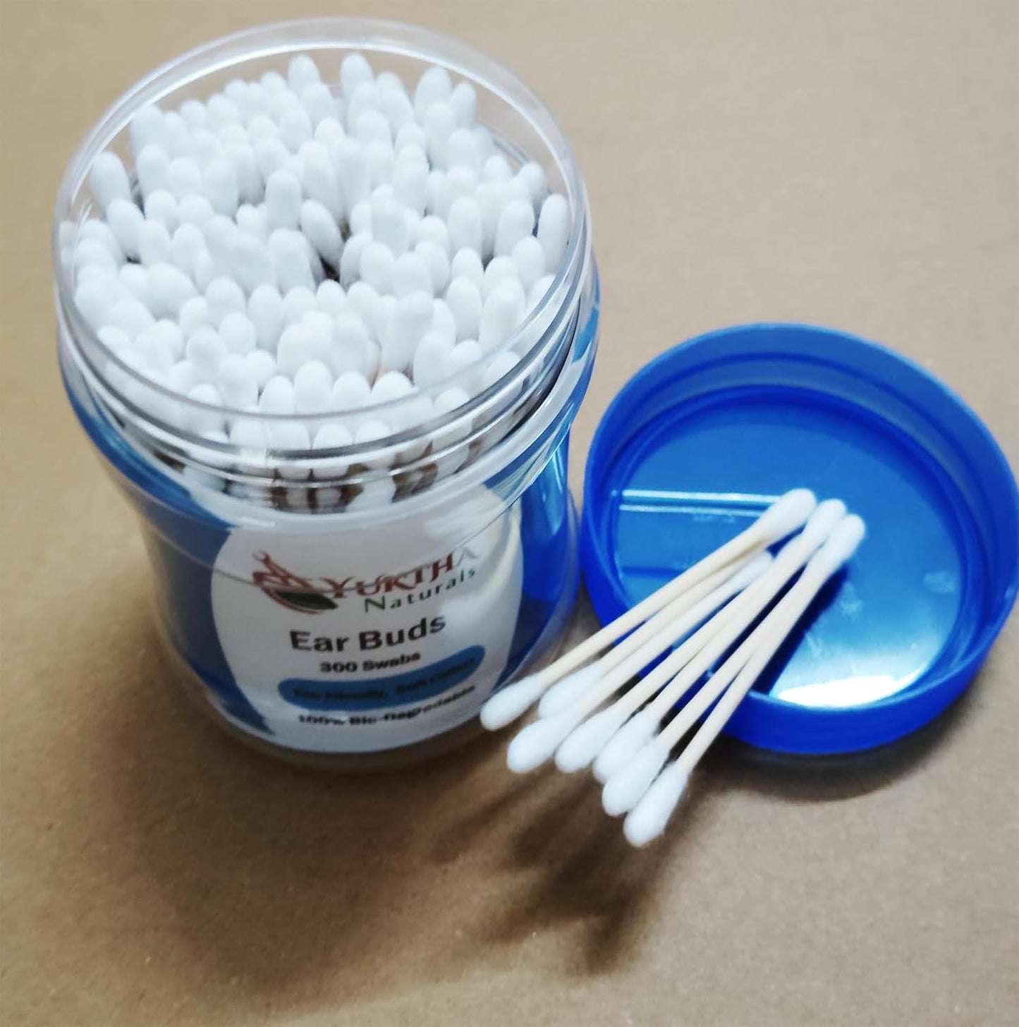 Cotton Swab Ear Buds with Wooden Sticks, Reusable Pet Bottle - 100% Biodegradable