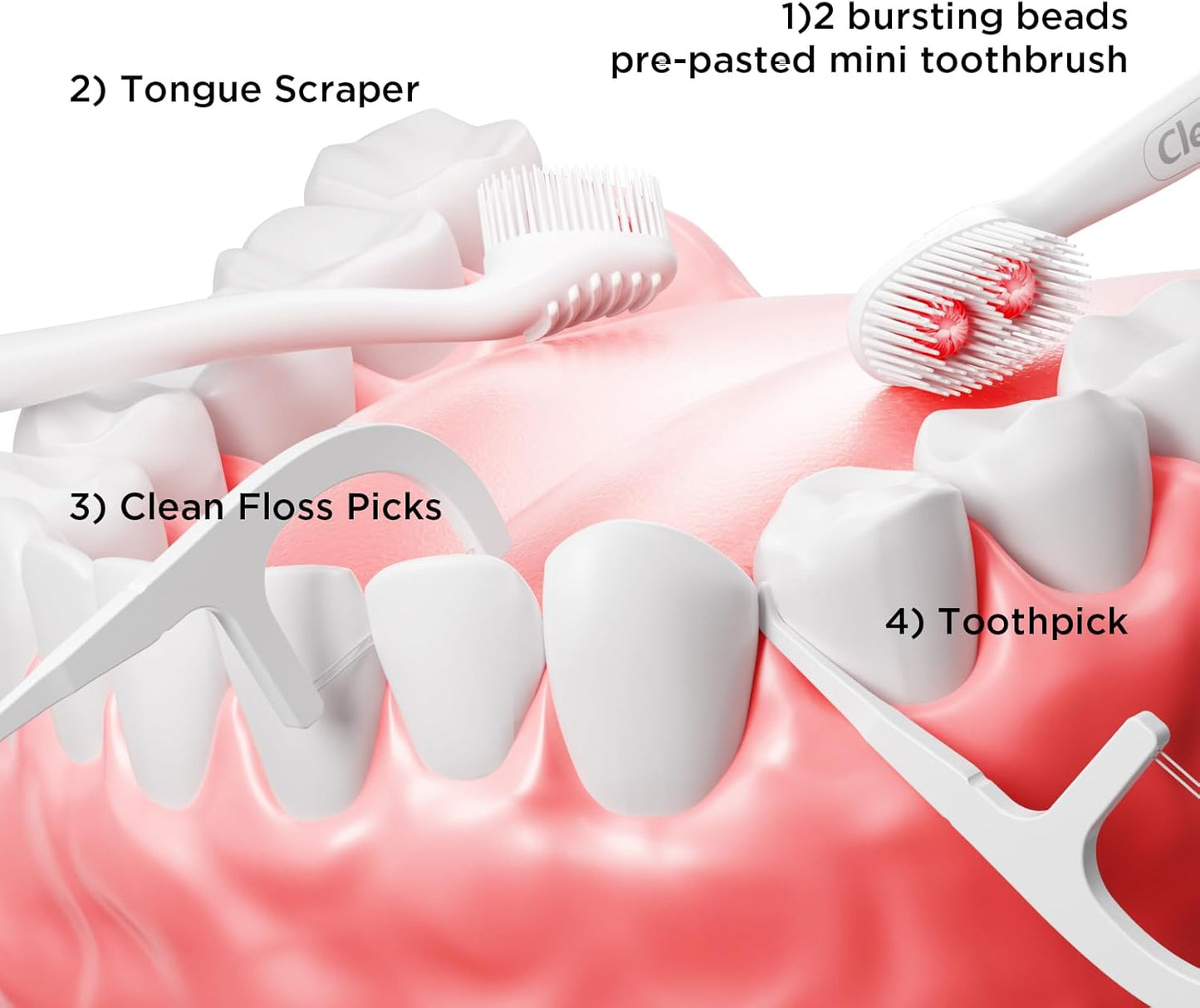 cleaings® Disposable Toothbrushes with Toothpaste - 4-in-1 Mini Travel Toothbrushes, Built-in Tongue Scraper, Floss & Picks for On-The-Go, Camping, Work (Strawberry)