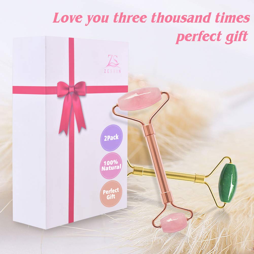 2 Pack Jade Facial Roller & Rose Quartz Face Roller for Wrinkles and Puffiness, Natural Jade Stone Face Massager Roller