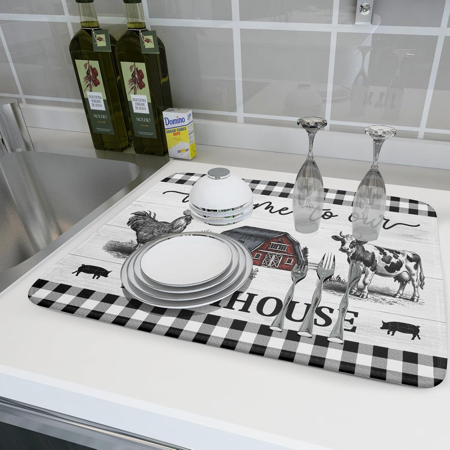 Farmhouse Barn Dish Drying Mat 18x24 Inch Cow Rooster Absorbent Microfiber Dish Drainer Rack Pad Bottles Protector for Kitchen Counter