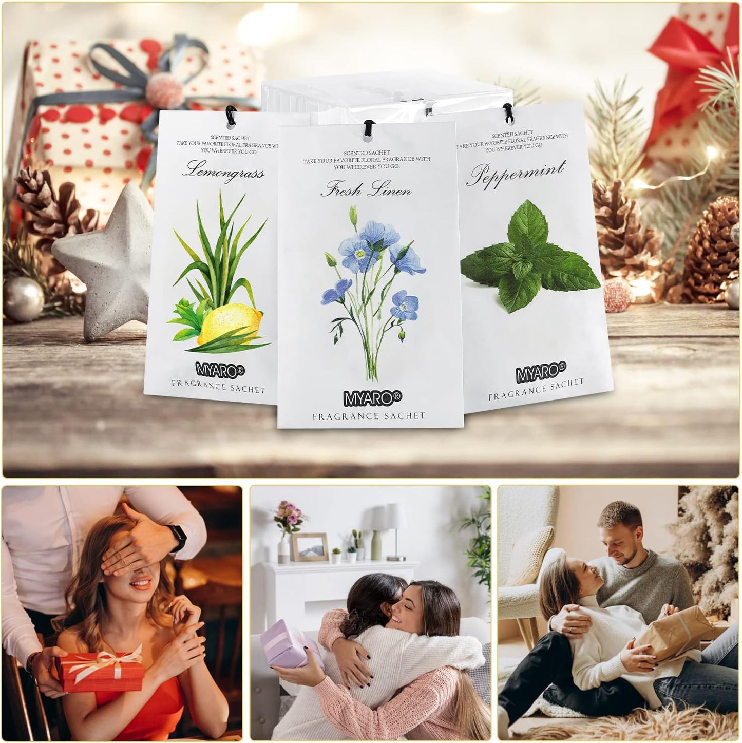 MYARO 12 Pcs Scented Sachets for Drawer and Closet, Long-Lasting Closet Deodorizer Freshener, Potpourri Bags Fresh Scents Sachet Packets Smell Goods for House - Fresh Linen, Peppermint and Lemongrass