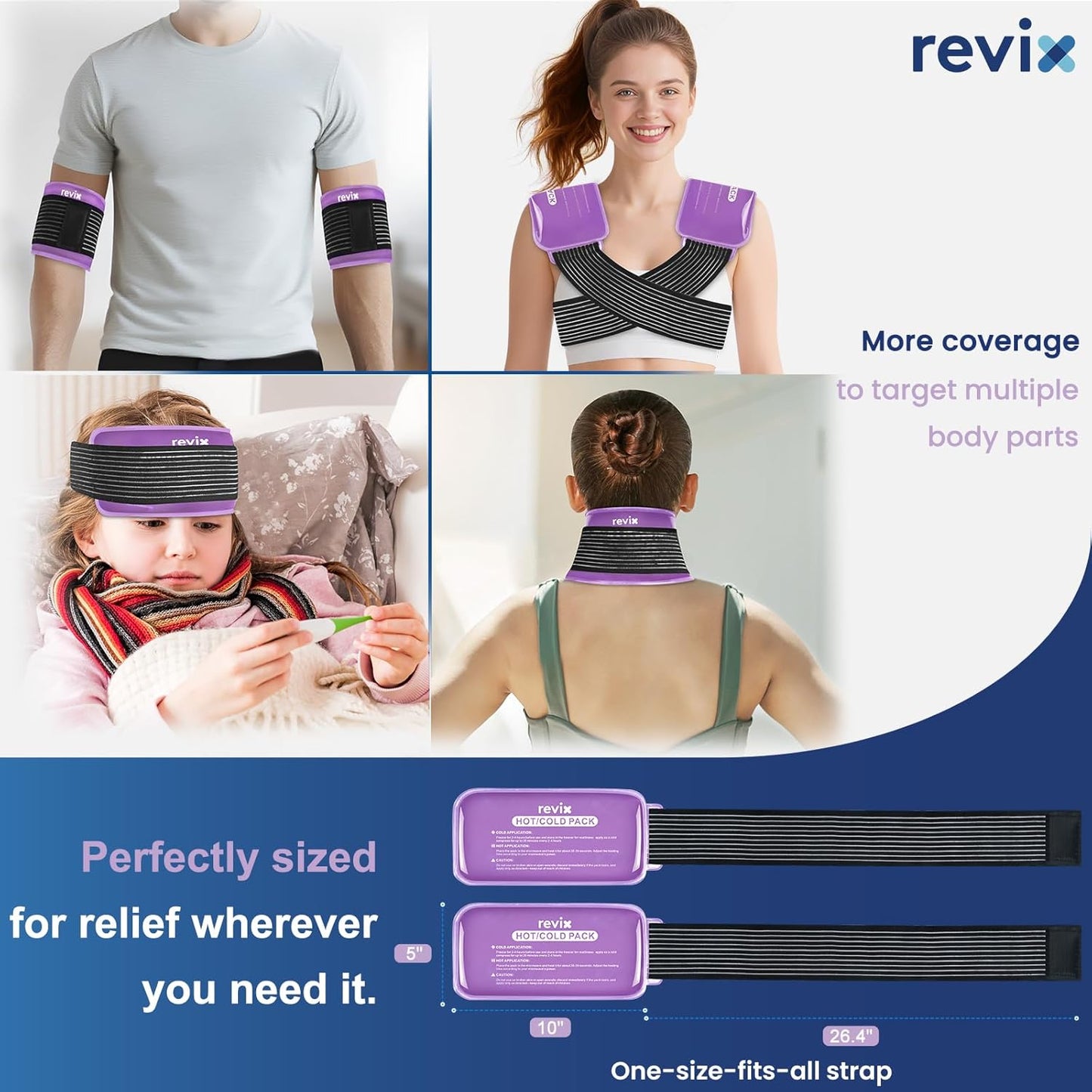 REVIX Ice Packs for Injuries Reusable, 2 Packs Hot & Cold Gel Ice Packs with PVC Cooling Design & Adjustable Strap, Flexible Therapy on Joints, Muscles, Shoulder, Back and Knee (10" x 5" Purple)
