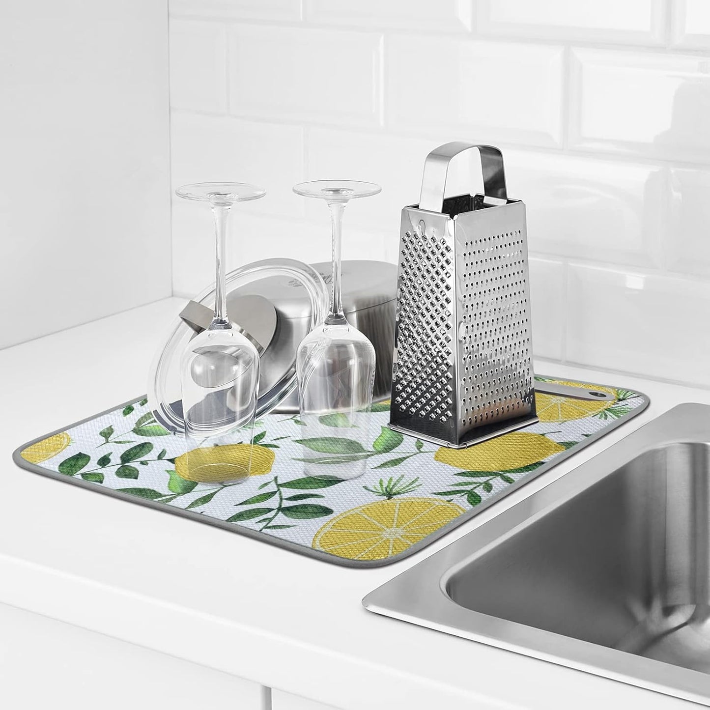 SHIYUE Dish Drying Mat for Kitchen Counter Super Absorbent Spring Kitchen Decor Microfiber Drying Matainers Rack Fast Pad Dish Drainer Mats(Yellow Lemon Green Leaves,16''x18'')