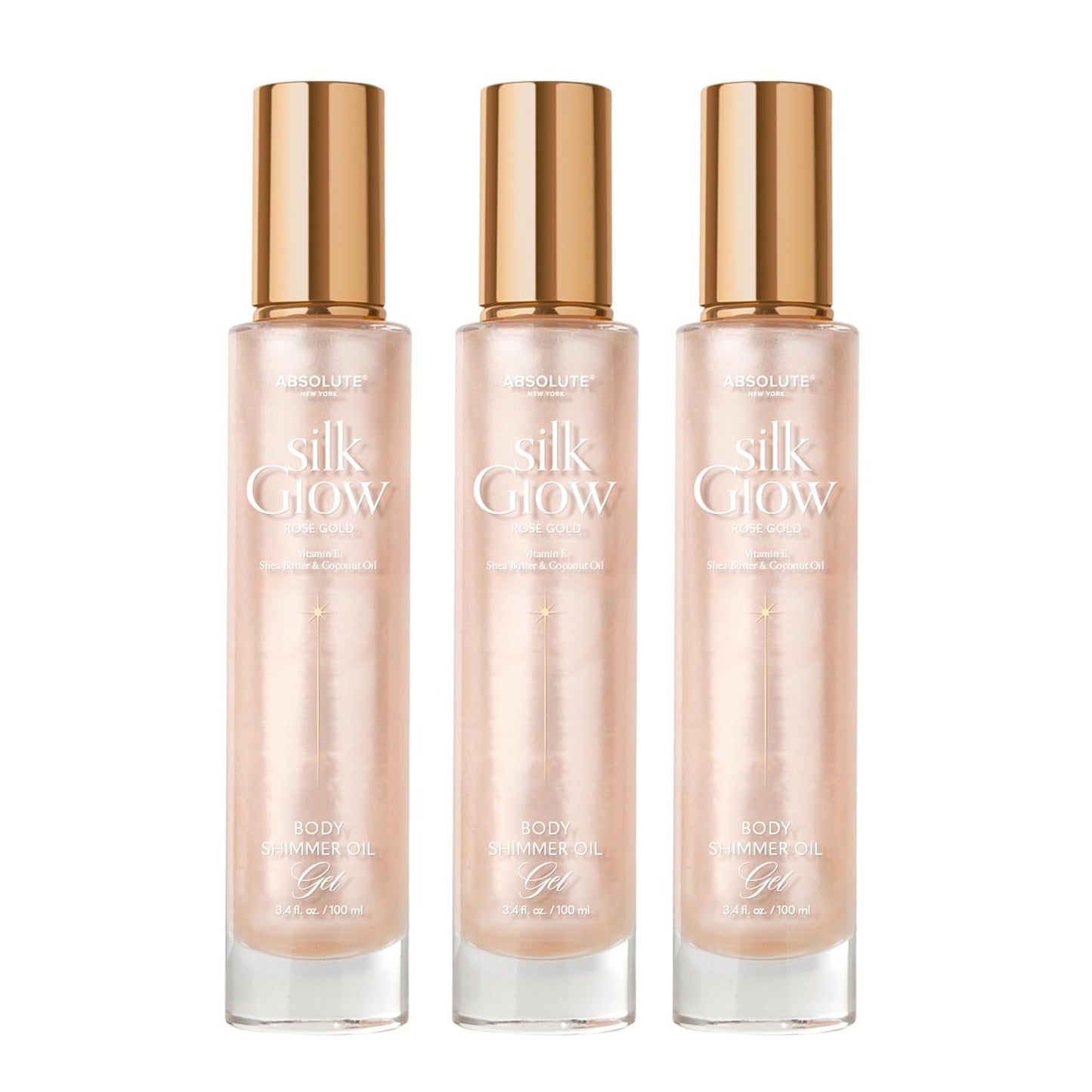 Absolute New York - Silk Glow Shimmer Mist Glow, Radiant, Shimmer Body & Face & Hair, Shea Butter, Coconut Oil, Vitamin E (SBGS04 Rose Gold Oil Gel (Set of 3), 3.4 fl oz)