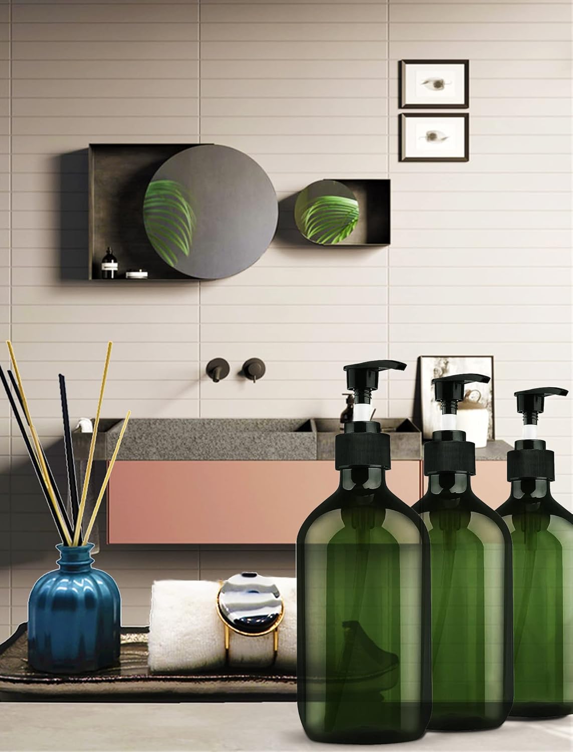 FOOCHY 6 Pack Empty Plastic Bottles with Pump Dispenser and 6pcs Labels Included, Refillable Travel Containers for Hand sanitizer Shampoo Lotion, etc - No BPA/Paraben, 500ml/16.9oz (Green)